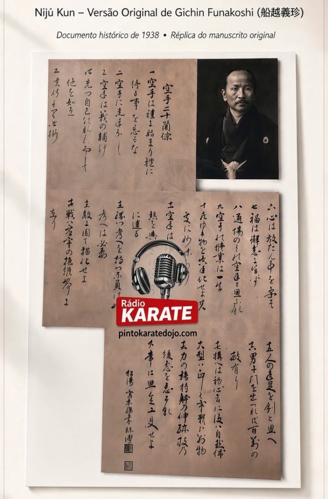 Imagem histórica de 1938 dos Vinte Preceitos do Karatê de Gichin Funakoshi, com manuscrito original e retrato do autor. Inclui o logo da Rádio Karaté.
